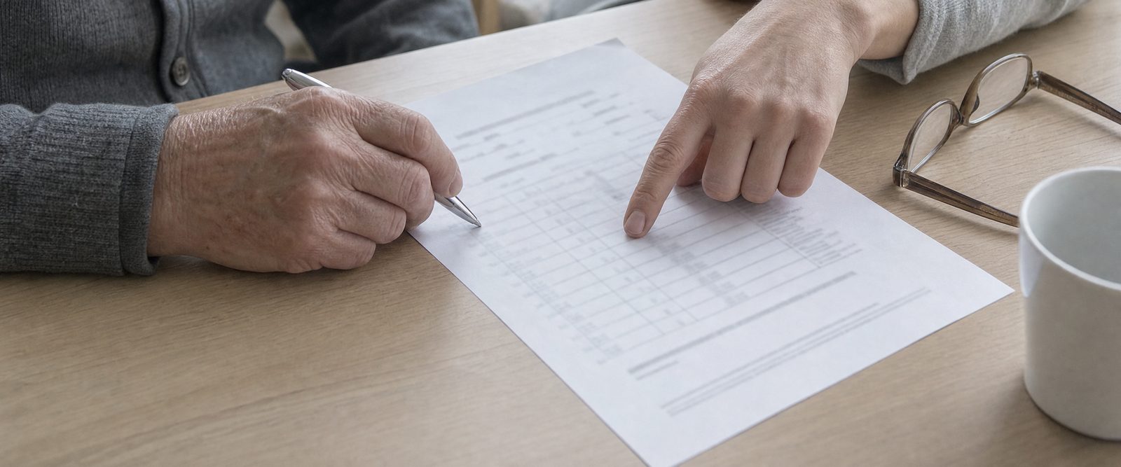 Eine ältere Hand mit Kugelschreiber und eine jüngere Hand zeigen gemeinsam auf eine Zeile eines ausgedruckten Formulars, daneben liegen eine Brille und eine Tasse auf einem hellen Holztisch